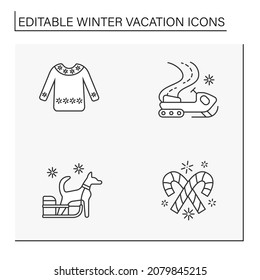 Winter vacation line icons set. Resort. Dog sledding. Christmas presents. Special date. Celebration concept. Isolated vector illustration. Editable stroke