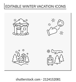 Winter vacation line icons set. Resort. Fun time with family. Snow ball, trip. Christmas presents. Special date. Celebration concept. Isolated vector illustration. Editable stroke