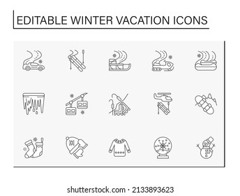 Winter vacation line icons set. Resort. Fun time with family. Skiing, skating. Christmas presents. Special date. Celebration concept. Isolated vector illustration. Editable stroke