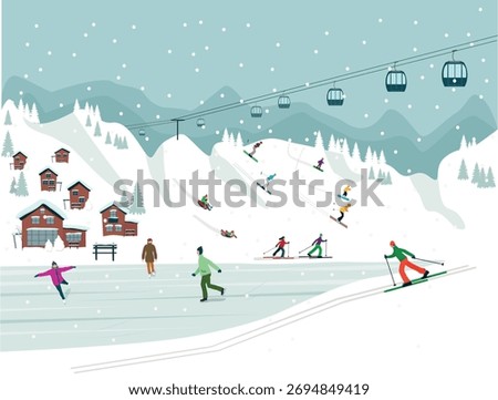 Winter vacation at a mountain resort with a ski lift and cottages. Active sports, skiing, snowboarding, ice skating, inflatable sleds.