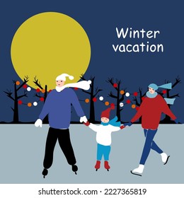 Winter vacation. Winter night scene with   skating people. Family time. Winter, ice rink, moon, garlands. Vector illustration for skating rink invitation.