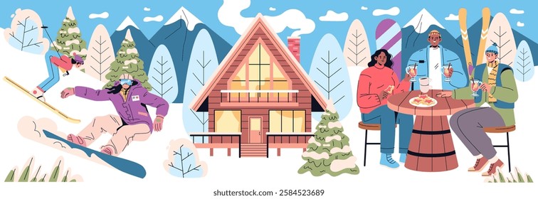 Winter vacation scene featuring skiing and cozy gatherings. Friends enjoy drinks outside a warm lodge after a day on the slopes, surrounded by snow-covered trees and mountains. Embrace the season's