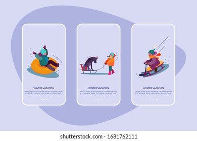 Winter vacation set. Families, children skating on ice, sleighing, country houses. Flat vector illustrations. Leisure, recreation, holiday concept for banner, website design or landing web page