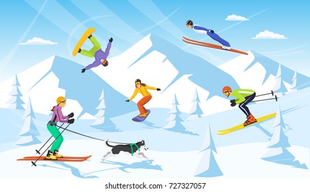 winter vacation ski resort scene. man and woman cross country skiing, jumping, snowboarding