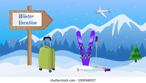 Winter vacation. Skiing and snowboard. Winter sports. Winter  landscape. Vector illustration.