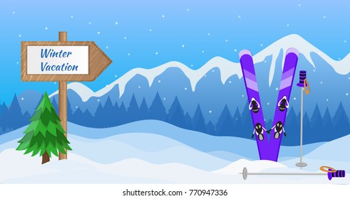 Winter vacation. Skiing. Winter sports. Winter  landscape. Vector illustration.