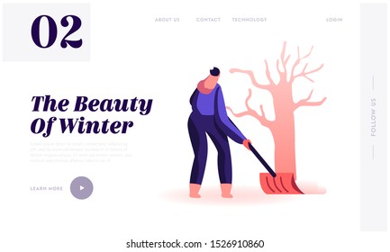 Winter Vacation Spare Time Website Landing Page. Young Woman Holding Big Spade Working Outdoors Cleaning Ground Covered with Deep Snow after Blizzard Web Page Banner. Cartoon Flat Vector Illustration