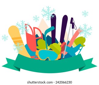 Winter vacation. Sports accessories and equipment. Vector illustration