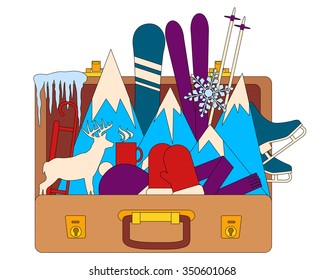 Winter vacation. Suitcase with winter clothes. Flat design. Vector illustration