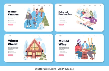 Winter vacation themes featuring skiing, snowboarding, and cozy chalets. Explore fun activities surrounded by scenic winter landscapes. Enjoy mulled wine with friends in a festive setting. Vector