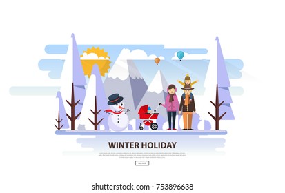 Winter Vacation Vector Backgound. White Snowy Landscape with Family