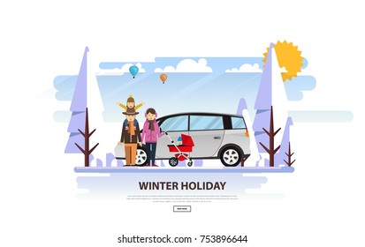 Winter Vacation Vector Backgound. White Snowy Landscape with Family