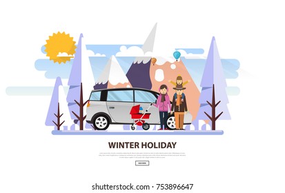 Winter Vacation Vector Backgound. White Snowy Landscape with Family