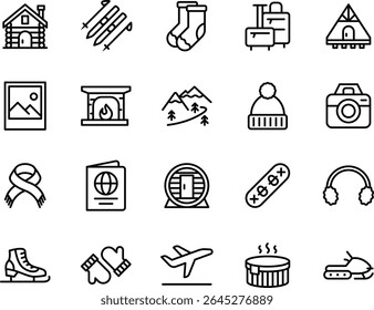 Winter Vacation Vector Icon Set | Adjustable Line Weight | Cabin, skis, snow, hat, mittens, scarf, fireplace, mountain, lodge, socks, camera, sled, travel icons