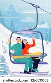 Winter vacations activity concept. Happy couple rise to the ski lift elevator. Pretty woman and her boyfriend waving hands. Ski resort season is open. Vector illustration.