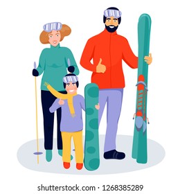 Winter vacations activity concept. Happy family with skis and snowboarder. 
Athletes standing and holding equipment. Vector illustration on white background.