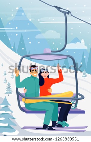 Winter vacations activity concept. Happy couple rise to the ski lift elevator. Pretty woman and her boyfriend waving hands. Ski resort season is open. Vector illustration.