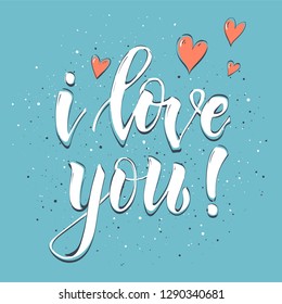 Winter Valentines day card. Illustration with elegant lettering I LOVE YOU and red flying hearts. Vector holiday banner.