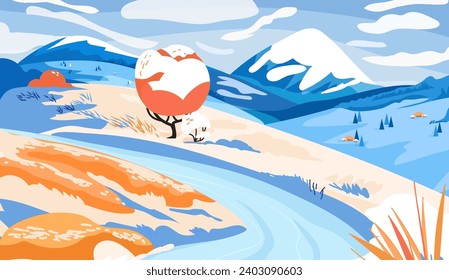 Winter valley landscape with snow-covered mountain, trees and grass. Snowy nature vector cute illustration background