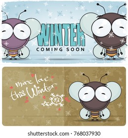 Winter vecor card with cartoon bee character.