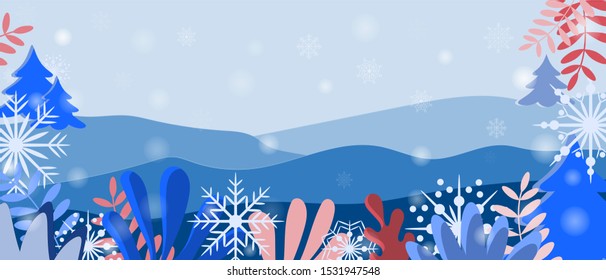 Winter vector background banner in flat style for sale, advertising, poster. Merry Christmas and Happy New Year greeting card and background. Horizontal vector banner.