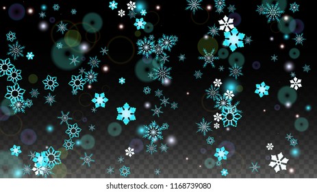 Winter Vector Background with Blue Falling Snowflakes Isolated on Transparent Background. Magic Snow Sparkle Pattern. Snowfall Overlay Print. Winter Sky. Design for  Banner.