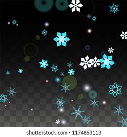 Winter Vector Background with Blue Falling Snowflakes Isolated on Transparent Background. Fantasy Snow Sparkle Pattern. Snowfall Overlay Print. Winter Sky. Design for  Poster.