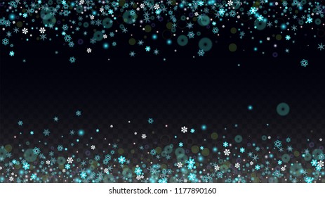 Winter Vector Background with Blue Falling Snowflakes Isolated on Transparent Background. Fantasy Snow Sparkle Pattern. Snowfall Overlay Print. Winter Sky. Design for  Poster.