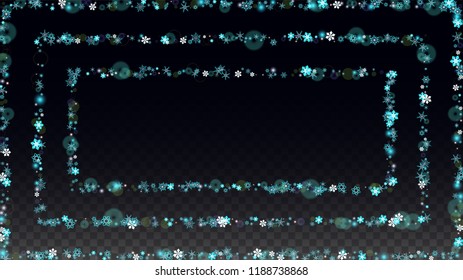 Winter Vector Background with Blue Falling Snowflakes Isolated on Transparent Background. Realistic Snow Sparkle Pattern. Snowfall Overlay Print. Winter Sky. Design for  Banner.