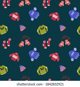 Winter vector background of clothing illustrations. Pattern with clothes for the New year: red mittens, sweaters, hats and socks in the flat style. Texture hand-Drawn Christmas clothing and