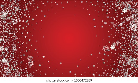 Winter Vector Background with Falling Glitter Snowflakes and Stars. Isolated on Transparent. Festival Snow Confetti Pattern. Glitter Overlay Print. Winter Sky. Design for Template.