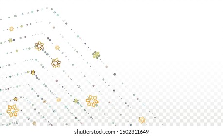 Winter Vector Background with Falling Glitter Snowflakes and Stars. Isolated on Transparent. Golden Snow Sparkle Pattern. Snowfall Overlay Print. Winter Sky. Design for Print.