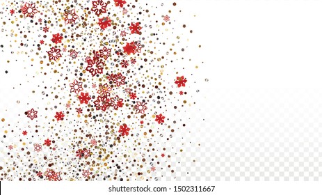 Winter Vector Background with Falling Glitter Snowflakes and Stars. Isolated on Transparent. Golden Snow Confetti Pattern. Glitter Overlay Print. Winter Sky. Design for Poster.
