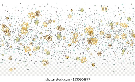 Winter Vector Background with Falling Glitter Snowflakes and Stars. Isolated on Transparent. Magic Snow Twinkly Pattern. Glitter Overlay Print. Winter Party. Design for Template.