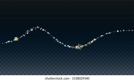 Winter Vector Background with Falling Glitter Snowflakes and Stars. Isolated on Transparent. Party Snow Sparkle Pattern. Snowfall Overlay Print. Winter Sky. Design for Advertisement.