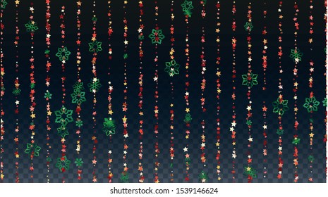Winter Vector Background with Falling Glitter Snowflakes and Stars. Isolated on Transparent. Glamour Snow Sparkle Pattern. Snowfall Overlay Print. Winter Sky. Design for Advertisement.