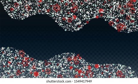 Winter Vector Background with Falling Glitter Snowflakes and Stars. Isolated on Transparent. Miracle Snow Sparkle Pattern. Snowfall Overlay Print. Winter Sky. Design for Print.