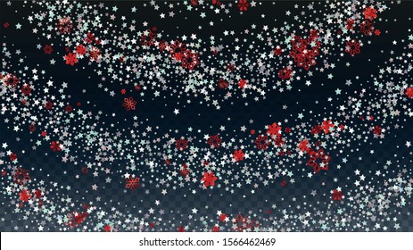 Winter Vector Background with Falling Glitter Snowflakes and Stars. Isolated on Transparent. Realistic Snow Confetti Pattern. Glitter Overlay Print. Winter Sky. Design for Web.