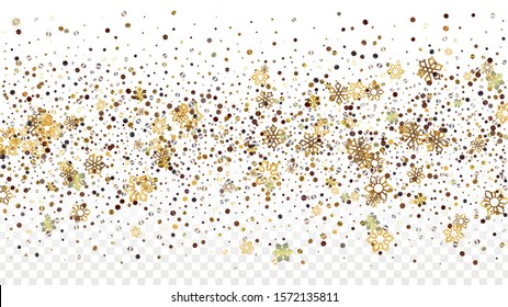 Winter Vector Background with Falling Glitter Snowflakes and Stars. Isolated on Transparent. Elegance Snow Confetti Pattern. Glitter Overlay Print. Winter Sky. Design for Poster.