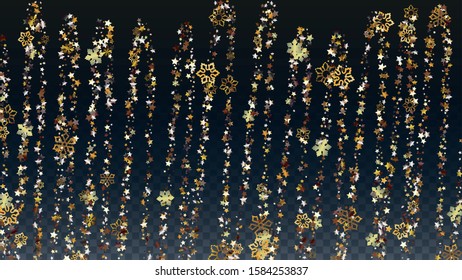 Winter Vector Background with Falling Glitter Snowflakes and Stars. Isolated on Transparent. Golden Snow Sparkle Pattern. Snowfall Overlay Print. Winter Sky. Design for Advertisement.