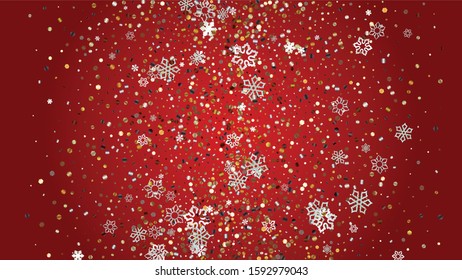 Winter Vector Background with Falling Glitter Snowflakes and Stars. Isolated on Transparent. Golden Snow Twinkly Pattern. Glitter Overlay Print. Winter Party. Design for Web.