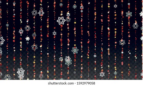 Winter Vector Background with Falling Glitter Snowflakes and Stars. Isolated on Transparent. Festival Snow Twinkly Pattern. Glitter Overlay Print. Winter Party. Design for Cover.