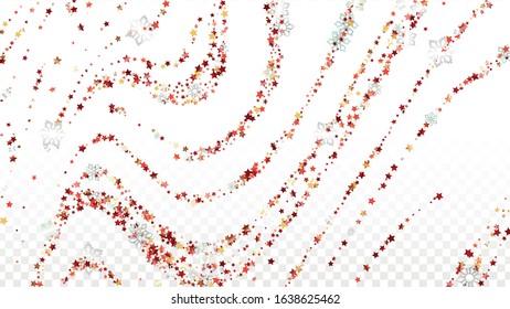Winter Vector Background with Falling Glitter Snowflakes and Stars. Isolated on Transparent. Fantasy Snow Sparkle Pattern. Snowfall Overlay Print. Winter Sky. Design for Advertisement.