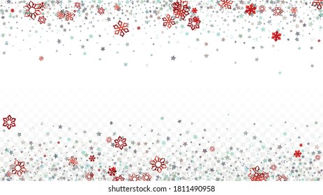Winter Vector Background with Falling Glitter Snowflakes and Stars. Isolated on Transparent. Miracle Snow Sparkle Pattern. Snowfall Overlay Print. Winter Sky. Design for Cover.