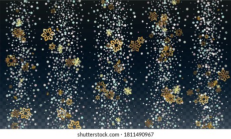 Fondo vectorial invernal con copos de nieve y estrellas que caen en el brillo. Aislado en Transparente. Patrón de Confetti de Nieve brillante. Impresión de superposición de brillo. Cielo invernal. Diseño de plantilla.
