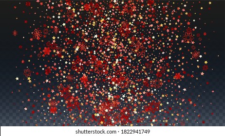 Winter Vector Background with Falling Glitter Snowflakes and Stars. Isolated on Transparent. Realistic Snow Confetti Pattern. Glitter Overlay Print. Winter Sky. Design for Cover.