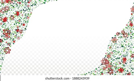 Winter Vector Background with Falling Glitter Snowflakes and Stars. Isolated on Transparent. Fantasy Snow Confetti Pattern. Glitter Overlay Print. Winter Sky. Design for Advertisement.