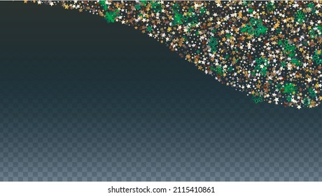 Winter Vector Background with Falling Glitter Snowflakes and Stars. Isolated on Transparent. Luxury Snow Confetti Pattern. Glitter Overlay Print. Winter Sky. Design for Banner.