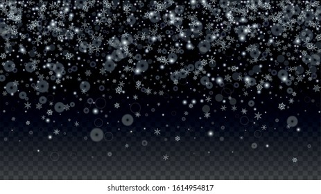 Winter Vector Background with Falling Snowflakes  Isolated on Transparent Background. Glitter Design for Party Invitation, Banner, Sale, Poster. Realistic Snow. Happy Christmas, New Year