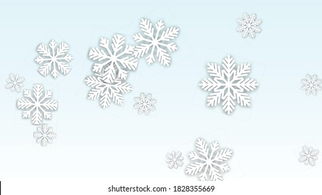 Winter Vector Background with Falling Snowflakes. Isolated on White Blue Background.  Elegance Snow Sparkle Pattern. Snowfall Overlay Print. Winter Sky. Papercut Snowflakes.